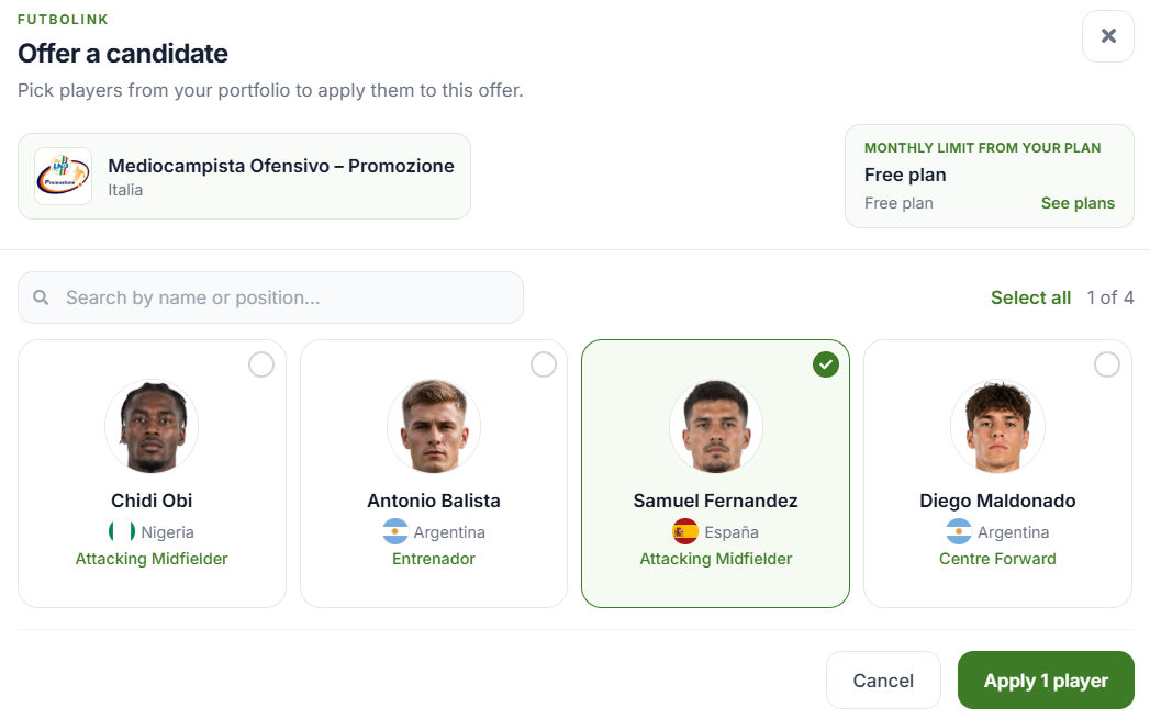 Presentación de un jugador a una oferta del Mercado
